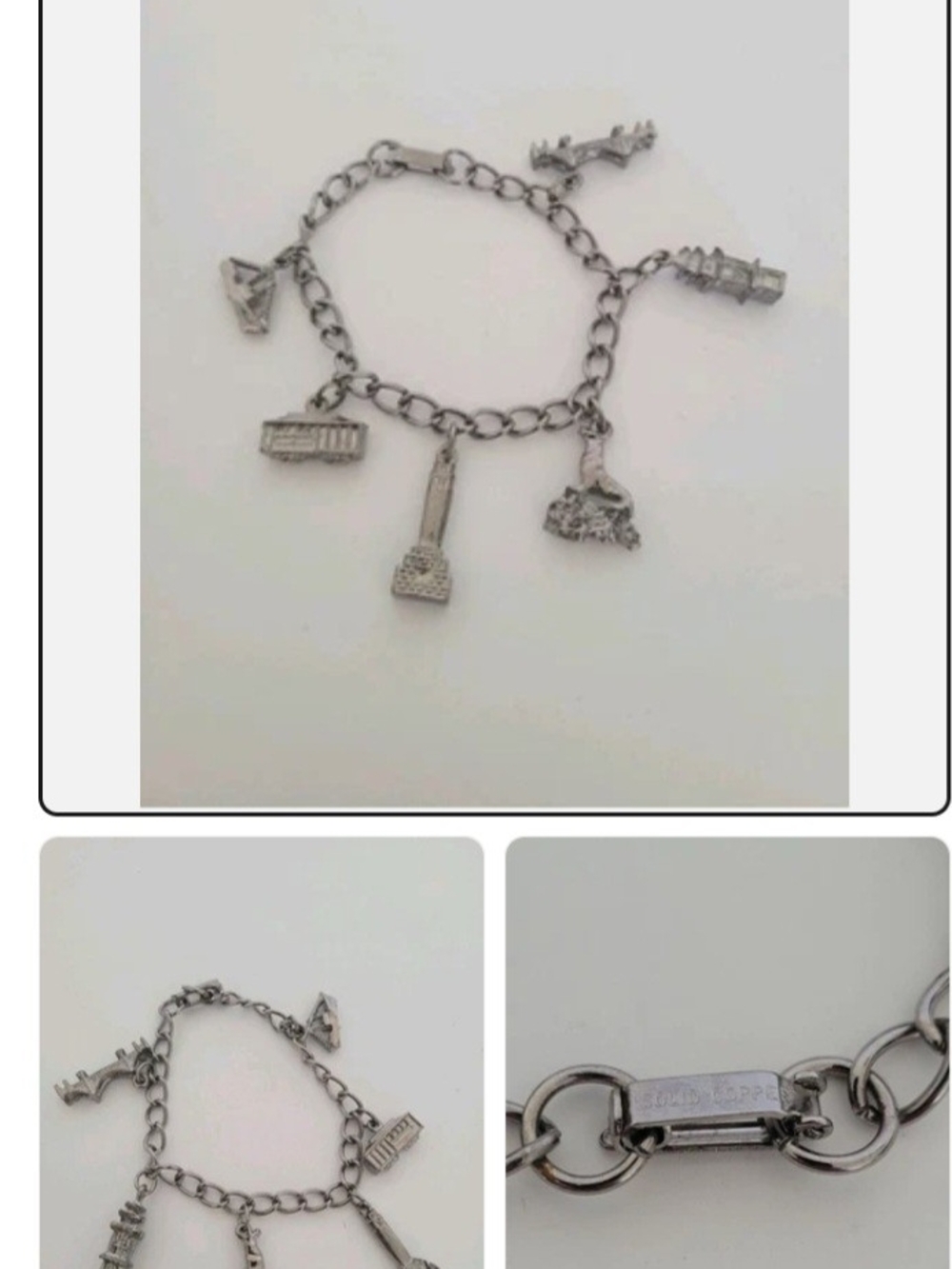 Vintage Charm Sterling Silver-Tone  Charm Bracelet - Traveler's Silver